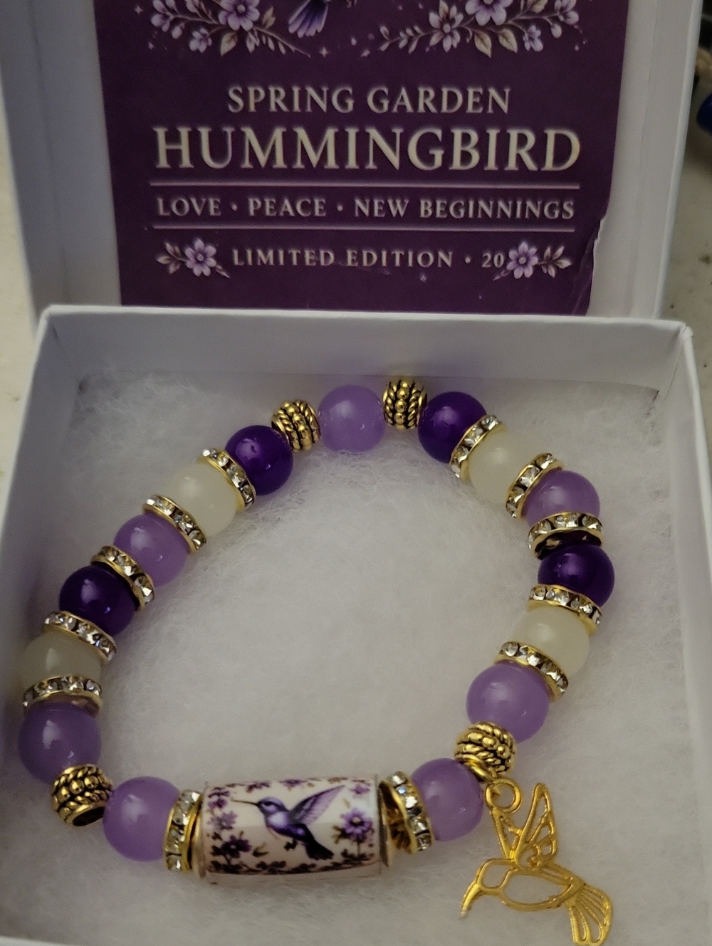 Purple Hummingbird Bead Bracelet with Gold Charm